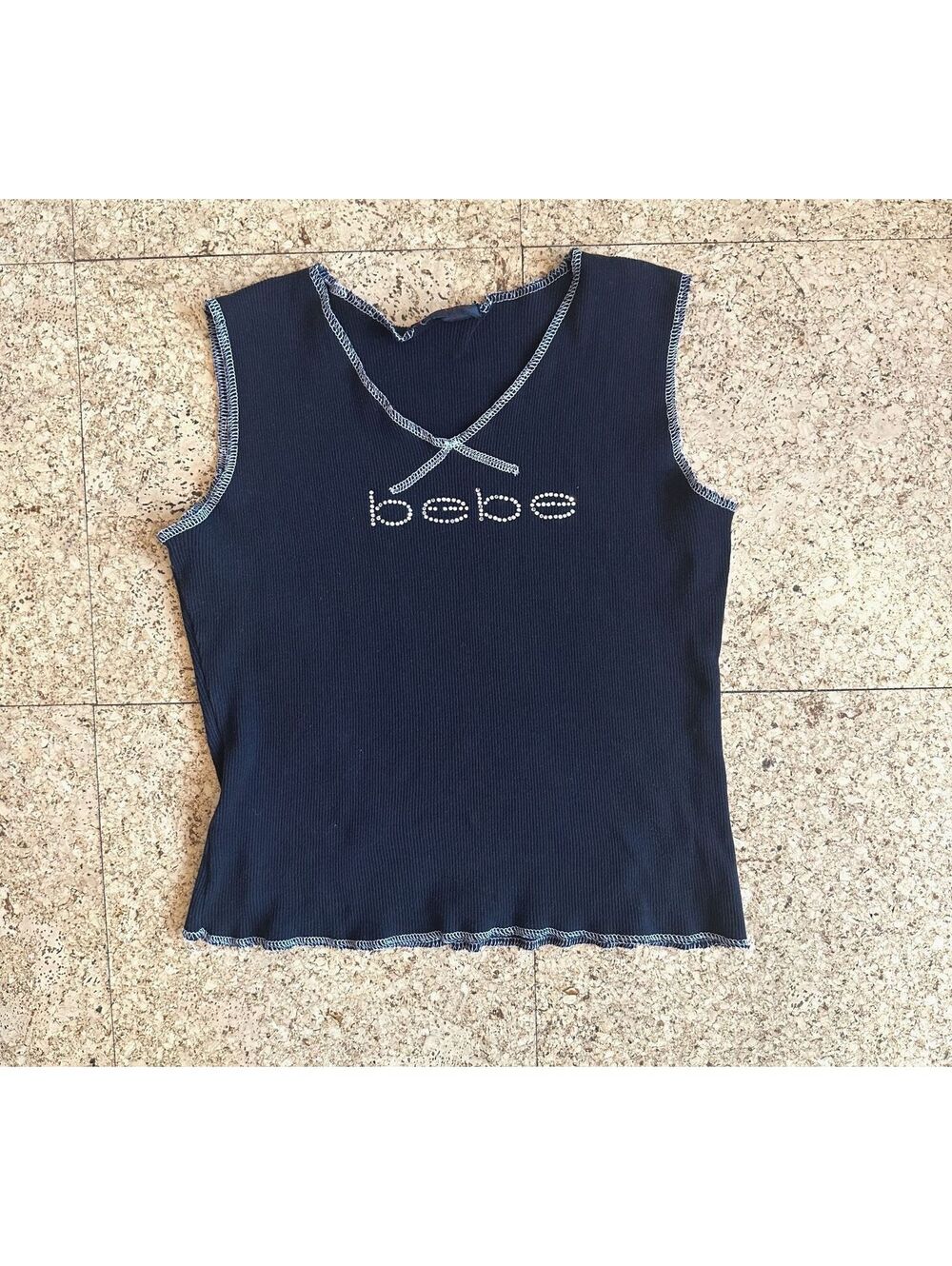 Bebe Y2K Rhinestone Logo Tank Top Women's Medium Black Ribbed Stretch Cropped